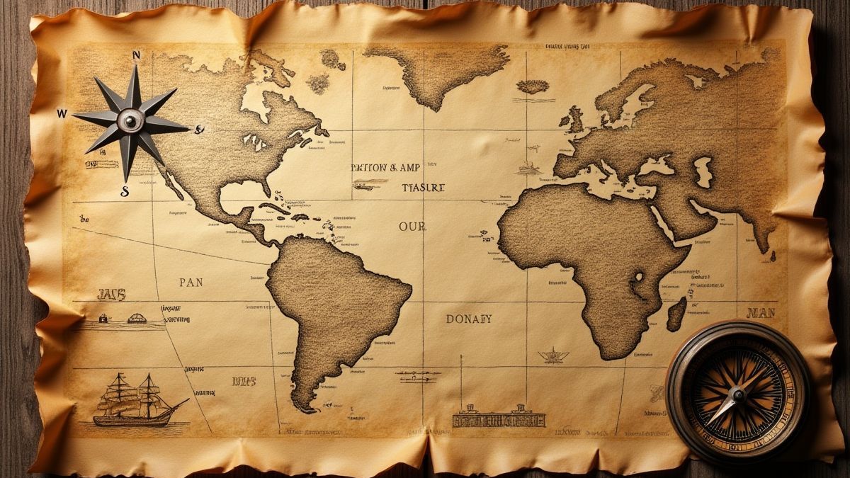 Ancient pirate map with treasure markings and a compass