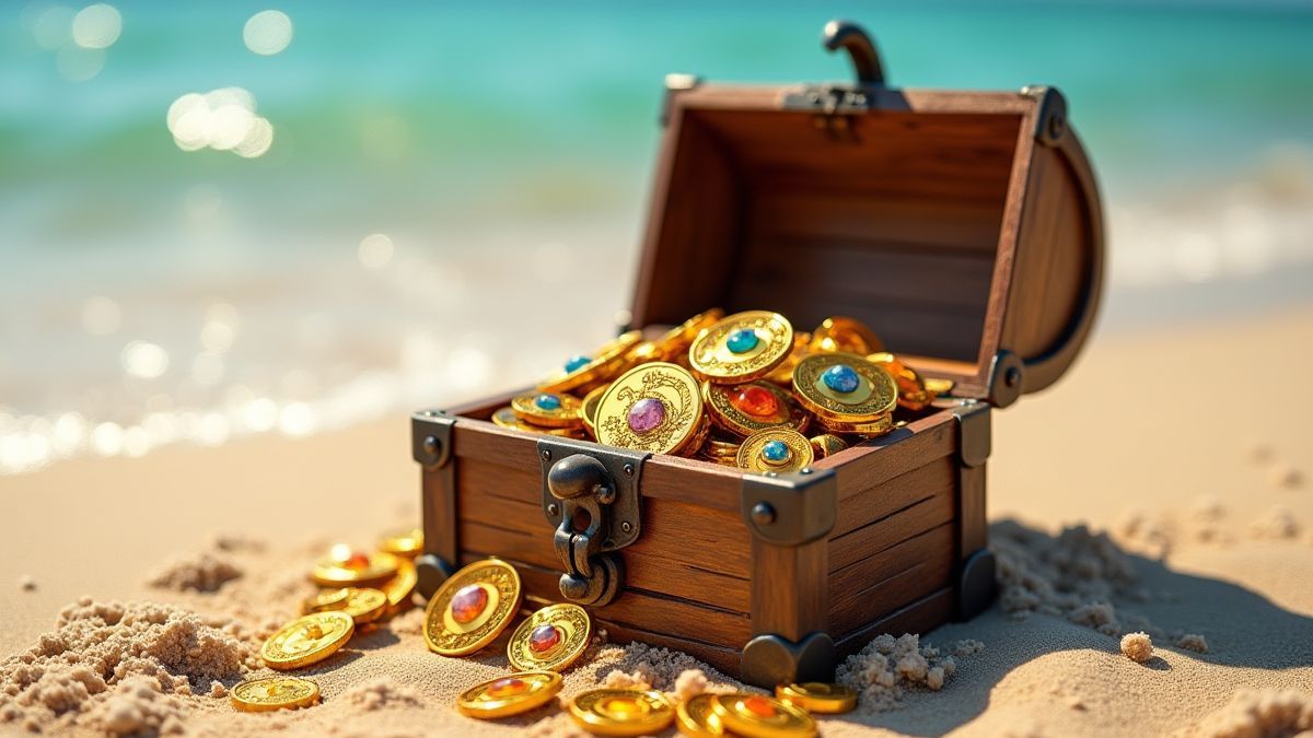 Treasure chest filled with gold coins and jewels on a beach
