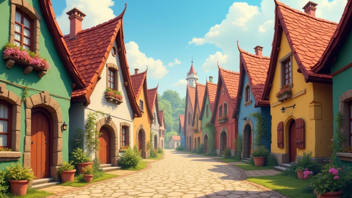 Medieval streets filled with colorful houses and happy mice.