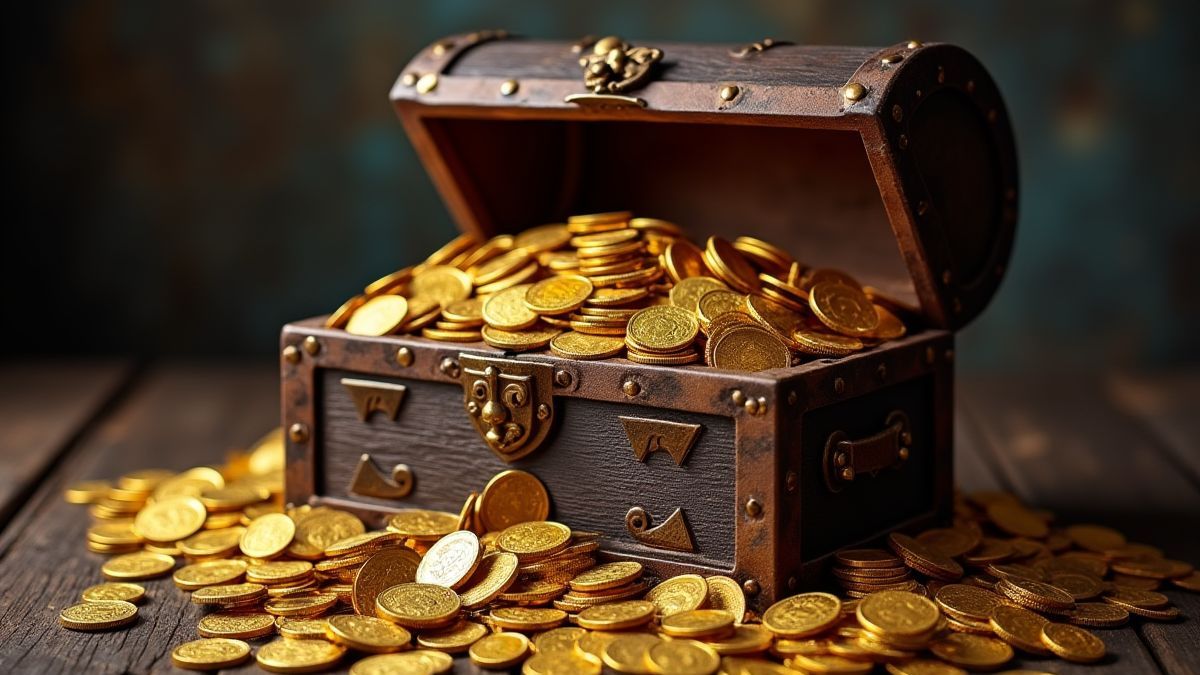 A treasure chest filled with gold coins and medieval items.