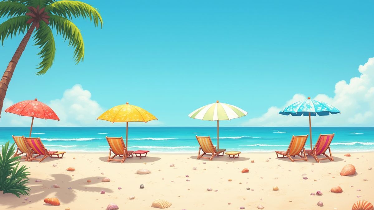 Ein bunter Strand mit Sonnenschirmen und Surfboards, umgeben von Muscheln.