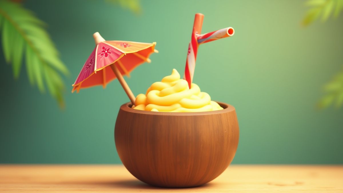 Ein animiertes tropisches Getränk, serviert in einer Kokosnuss mit einem bunten Strohhalm und einem kleinen Sonnenschirm.