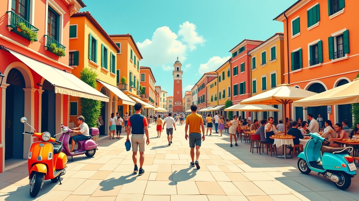 An animated illustration of a lively and colorful Italian square.