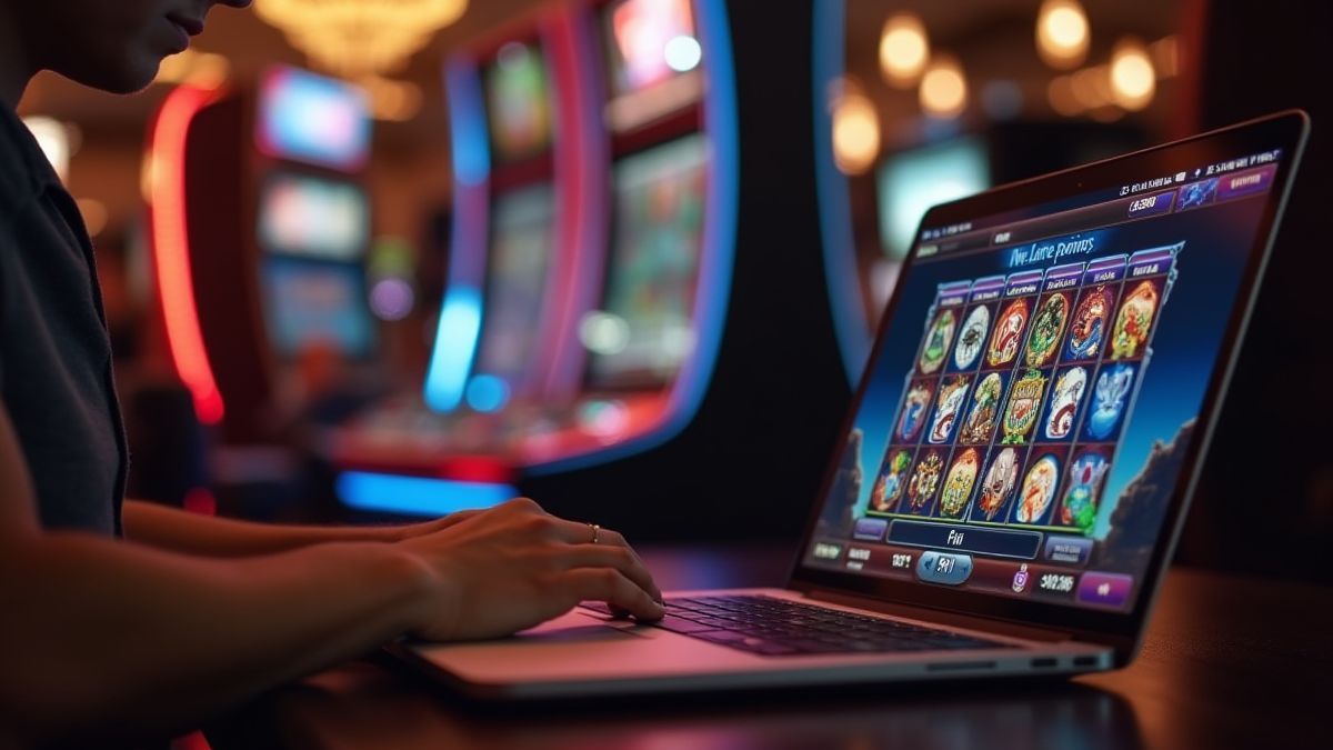Jugador de casino disfrutando de tragaperras online en su portátil.