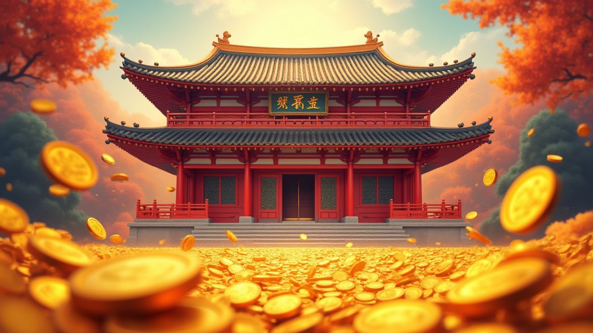 Un templo asiático rodeado de monedas doradas.