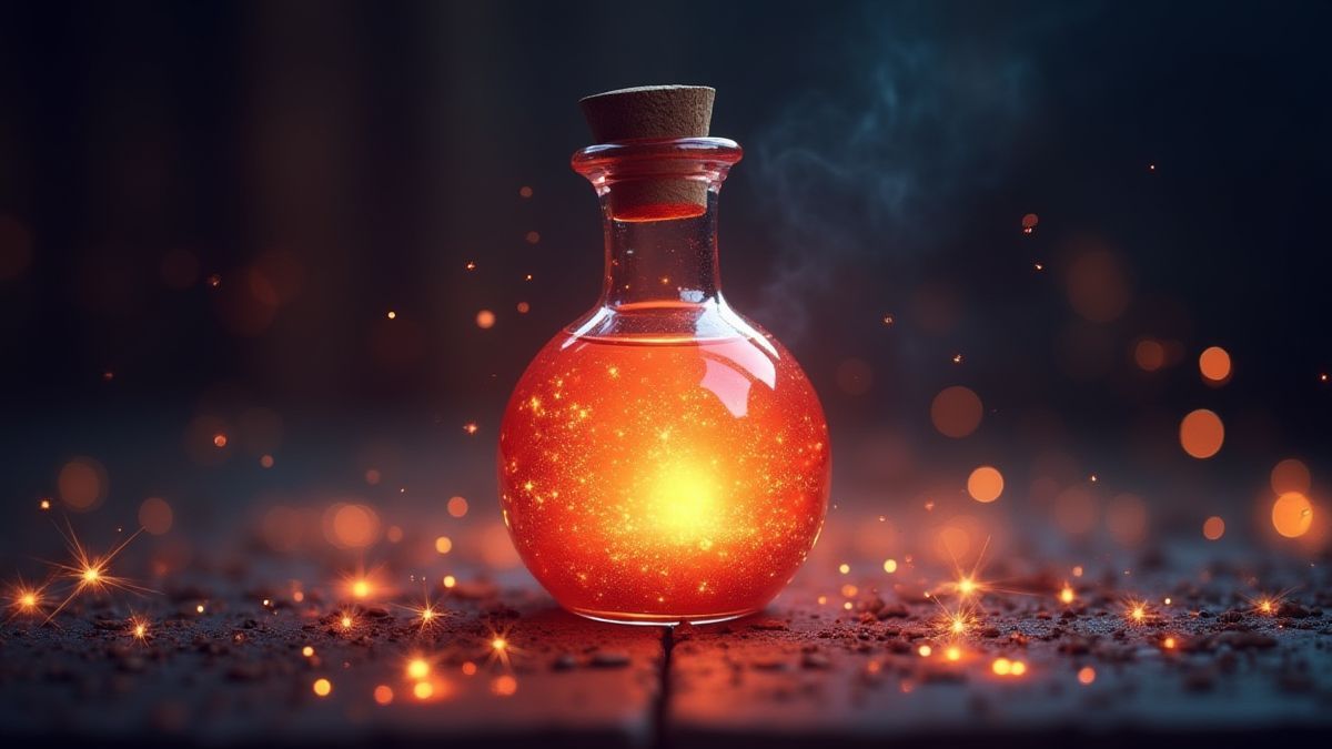Una botella de poción brillante rodeada de destellos mágicos.