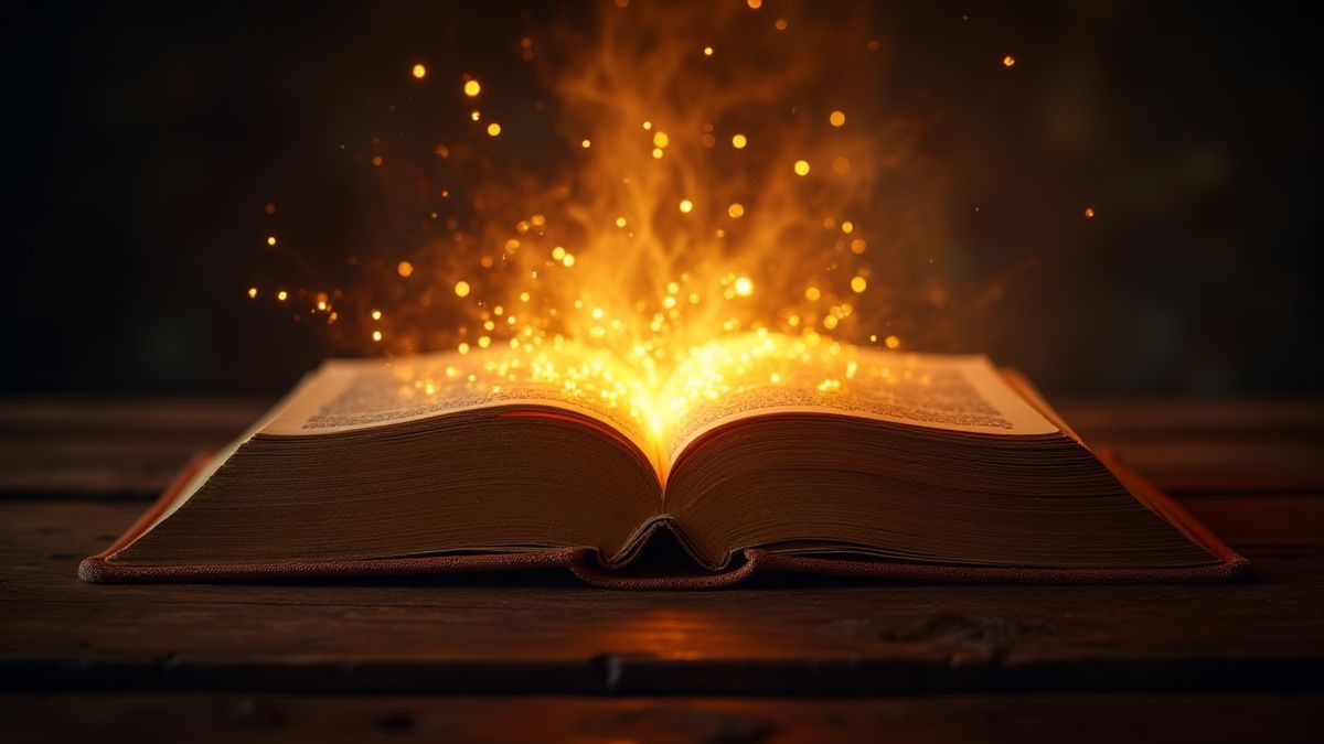 Un libro de hechizos mágico que brilla con luz dorada.