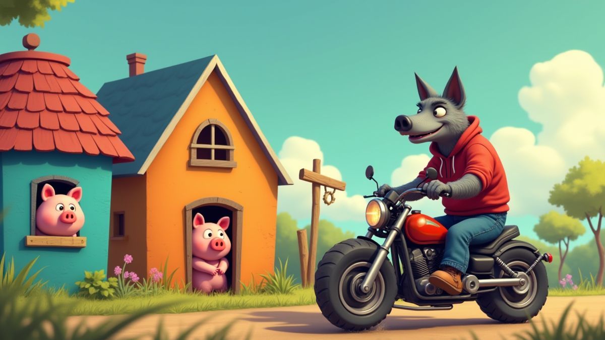 Trois petits cochons cachés dans des maisons pendant qu'un loup passe en moto.
