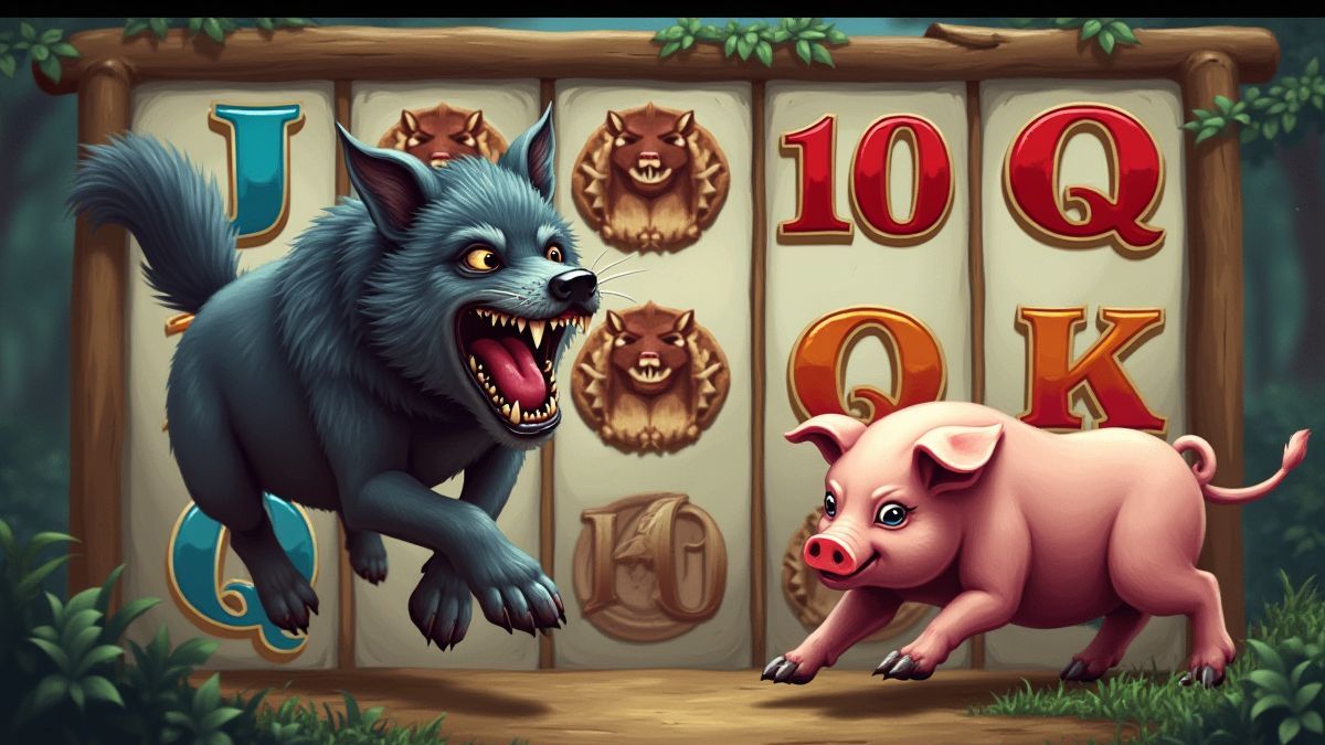 Un loup poursuit un cochon laissant des symboles joker.