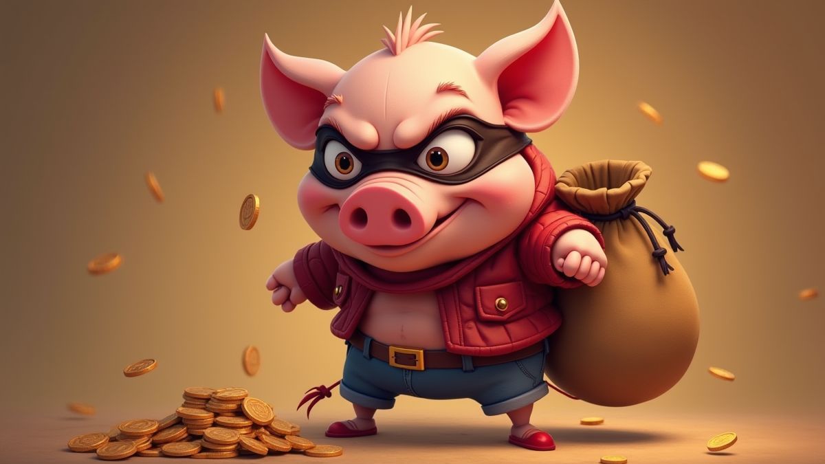 Animated robber pig with a sack of coins.