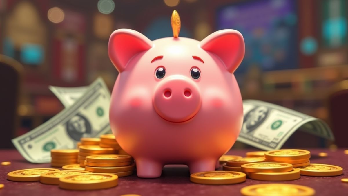 Animierte Spardose umgeben von Münzen und Geldscheinen.