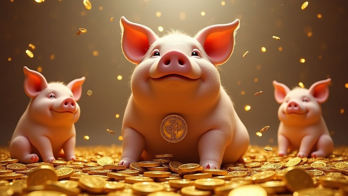 Schweinemansion umgeben von goldenen Münzen und Schweinstatuen.