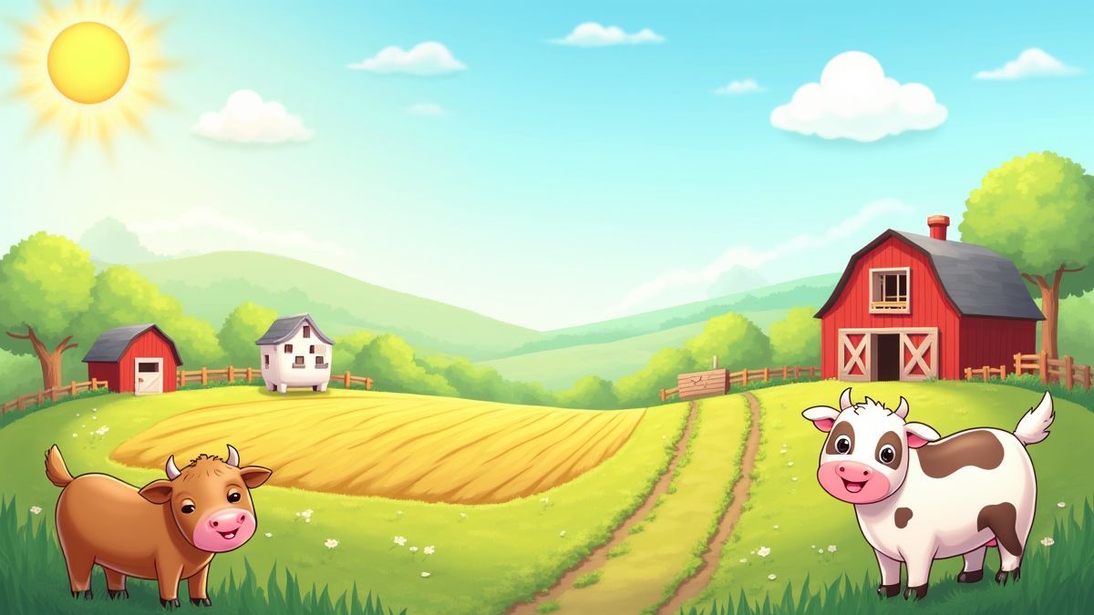 Vrolijk boerderijlandschap met dieren en gewassen.