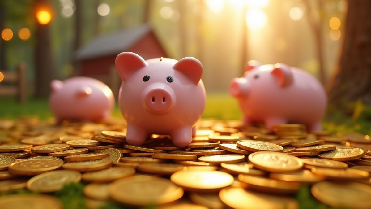 Gouden munten en spaarvarkens in een feestelijke boerderijomgeving.