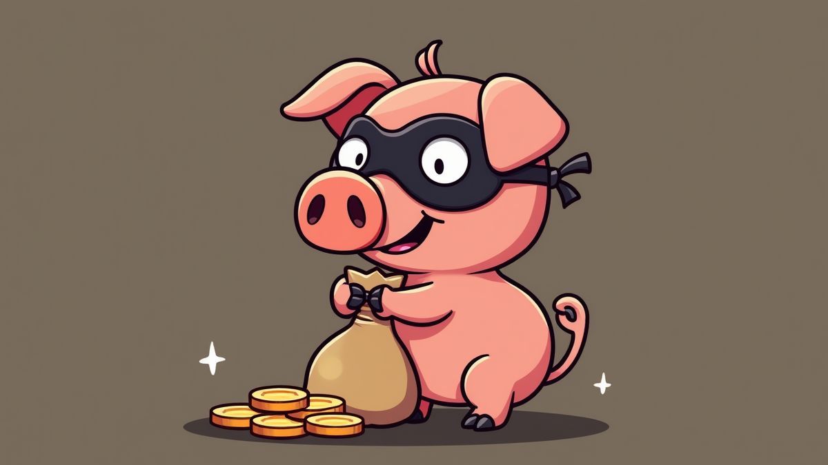 Animiertes Schwein mit Maske, das einen Sack gestohlener Münzen hält.