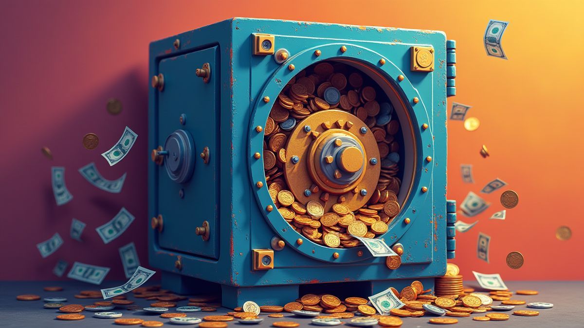 Bunte und animierte Bankbunker voller Münzen und Scheine.