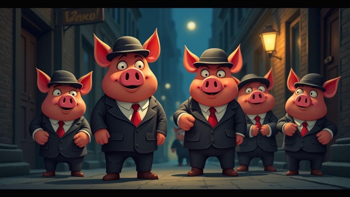 Pigs disguised as gangsters in a dark alley.