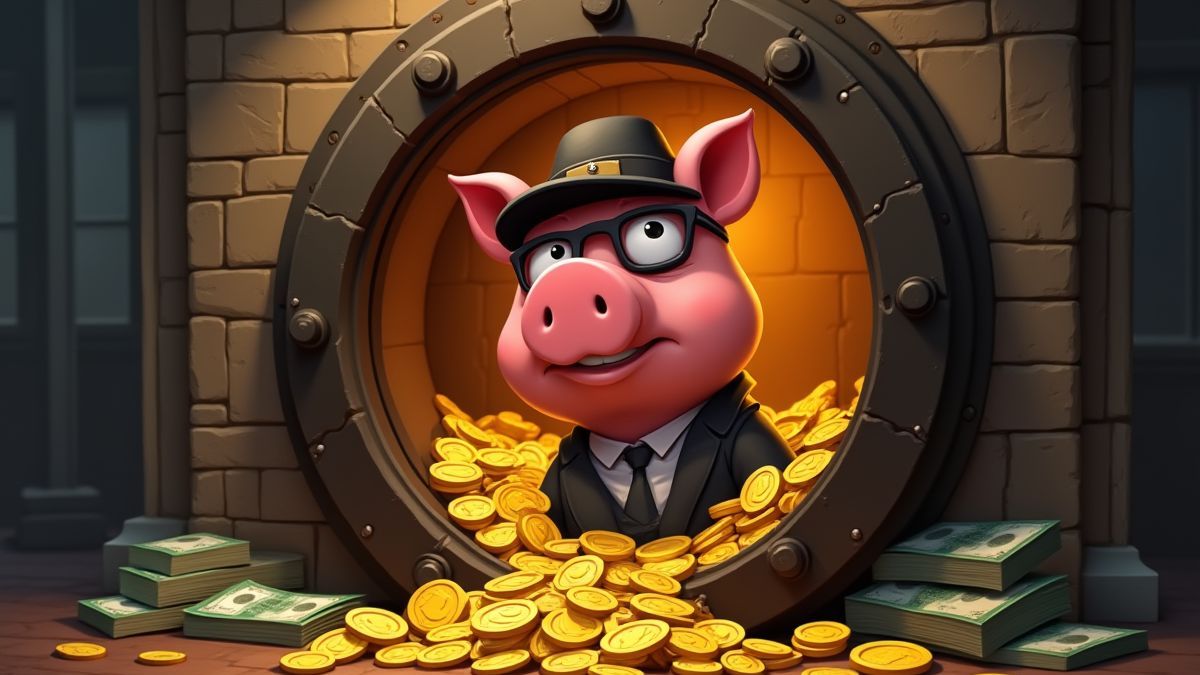 Vault filled with gold coins and bills guarded by a pig gangster.