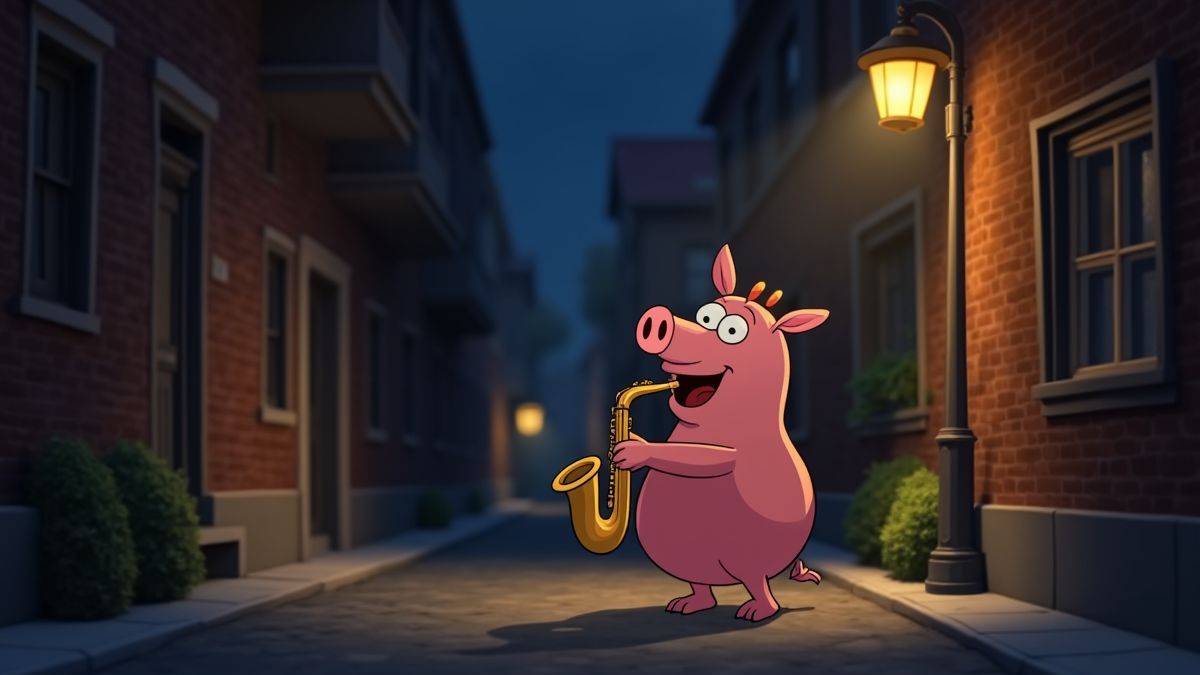 Animated pig playing the saxophone under a streetlight in an alley.
