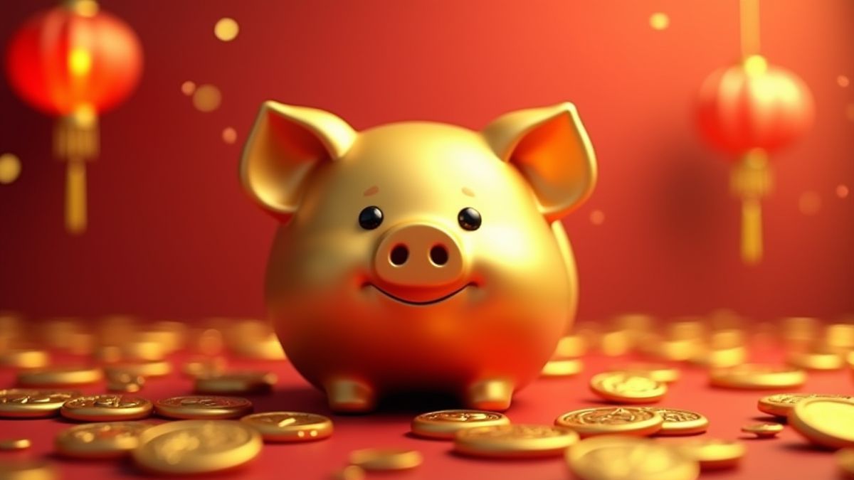 Golden pig surrounded by lanterns and gold coins.