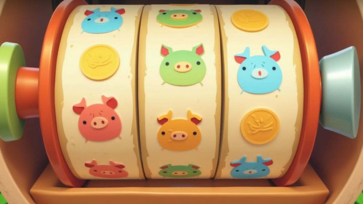 Spinning reels with colorful symbols like coins and pigs.