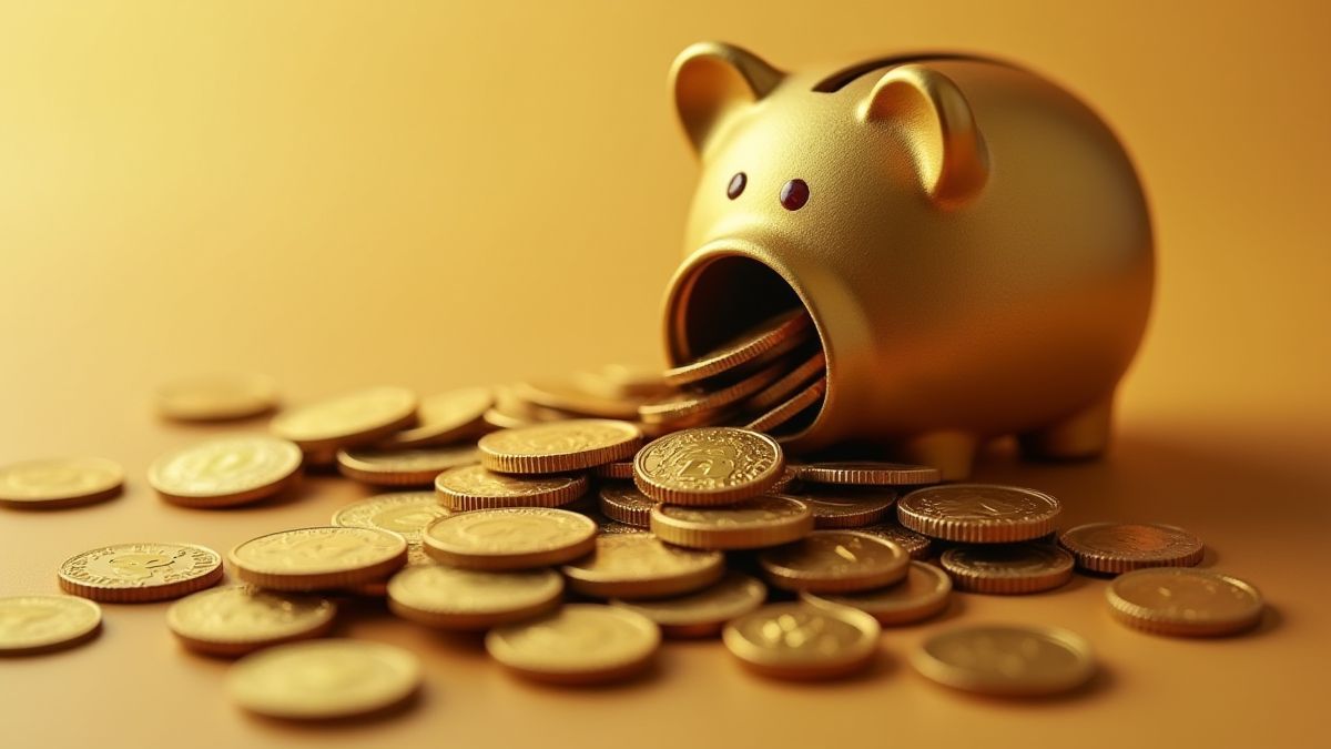Golden piggy bank with coins spilling out.