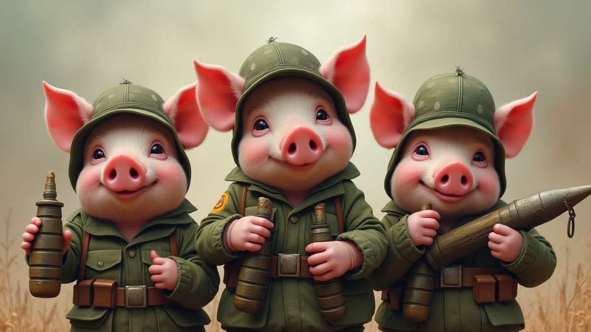 Schweinchen in Militäruniformen mit Waffen.