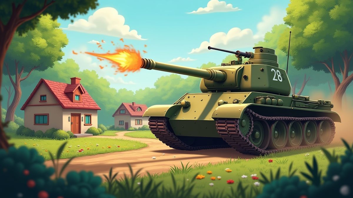Ein Panzer, der auf Häuser im Wald schießt.