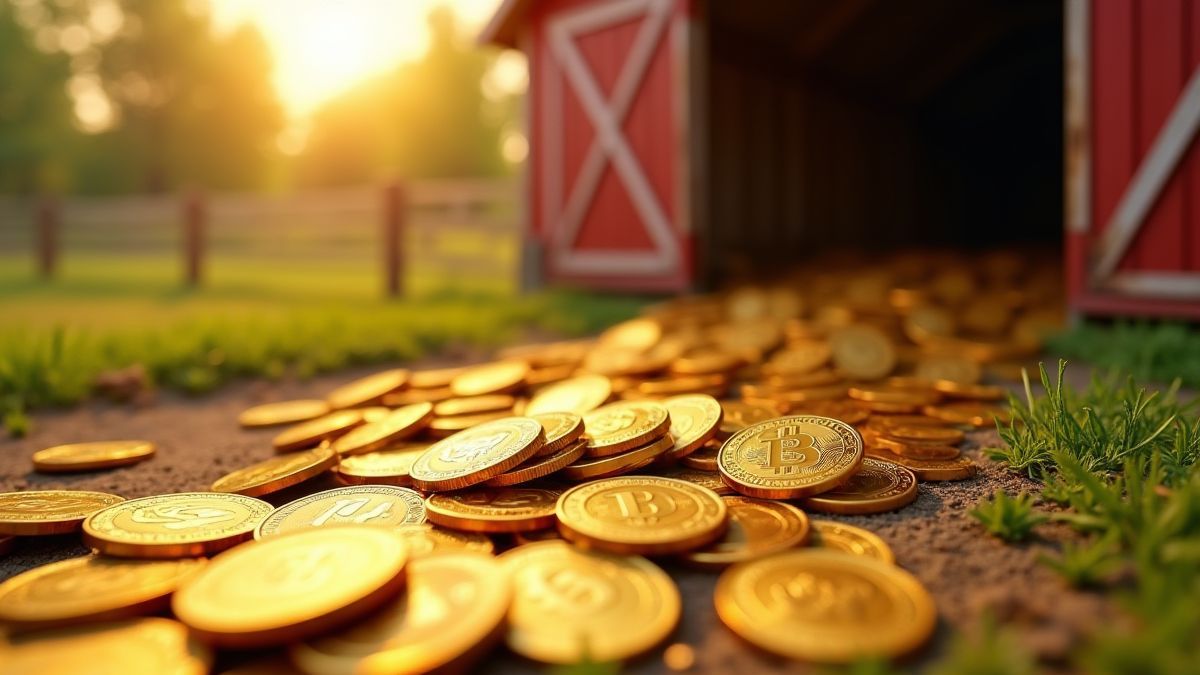 Moedas douradas saindo de um celeiro em uma fazenda ensolarada.
