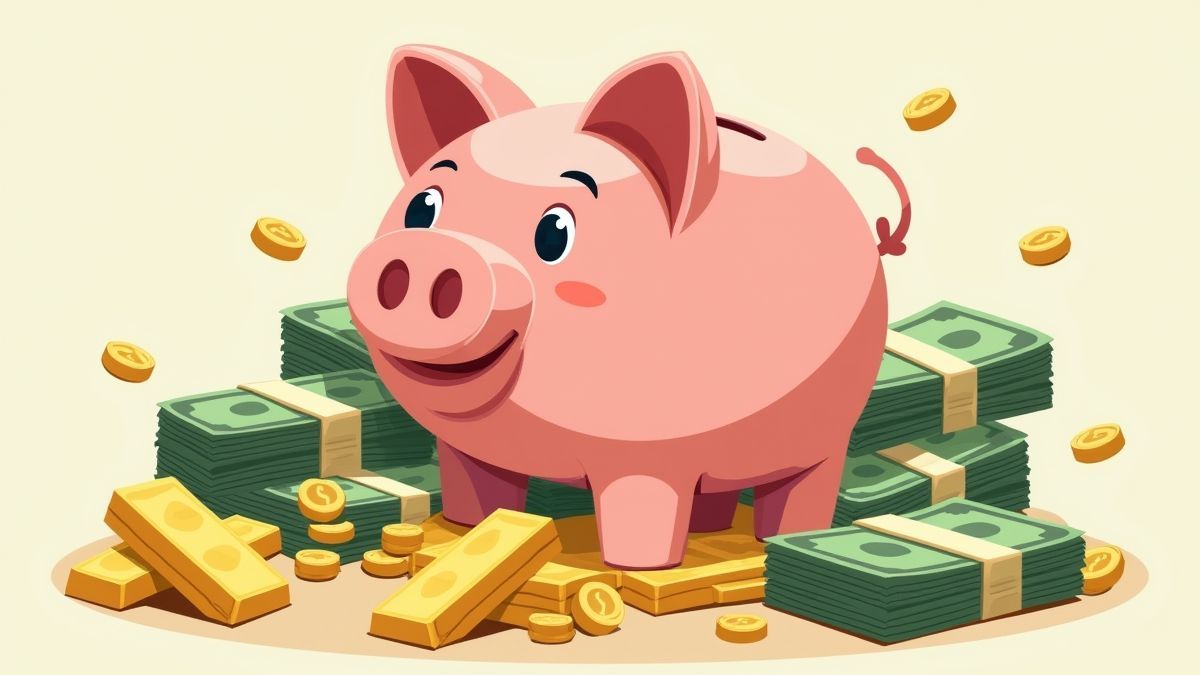 Hucha de cerdito rodeada de dinero y lingotes de oro.
