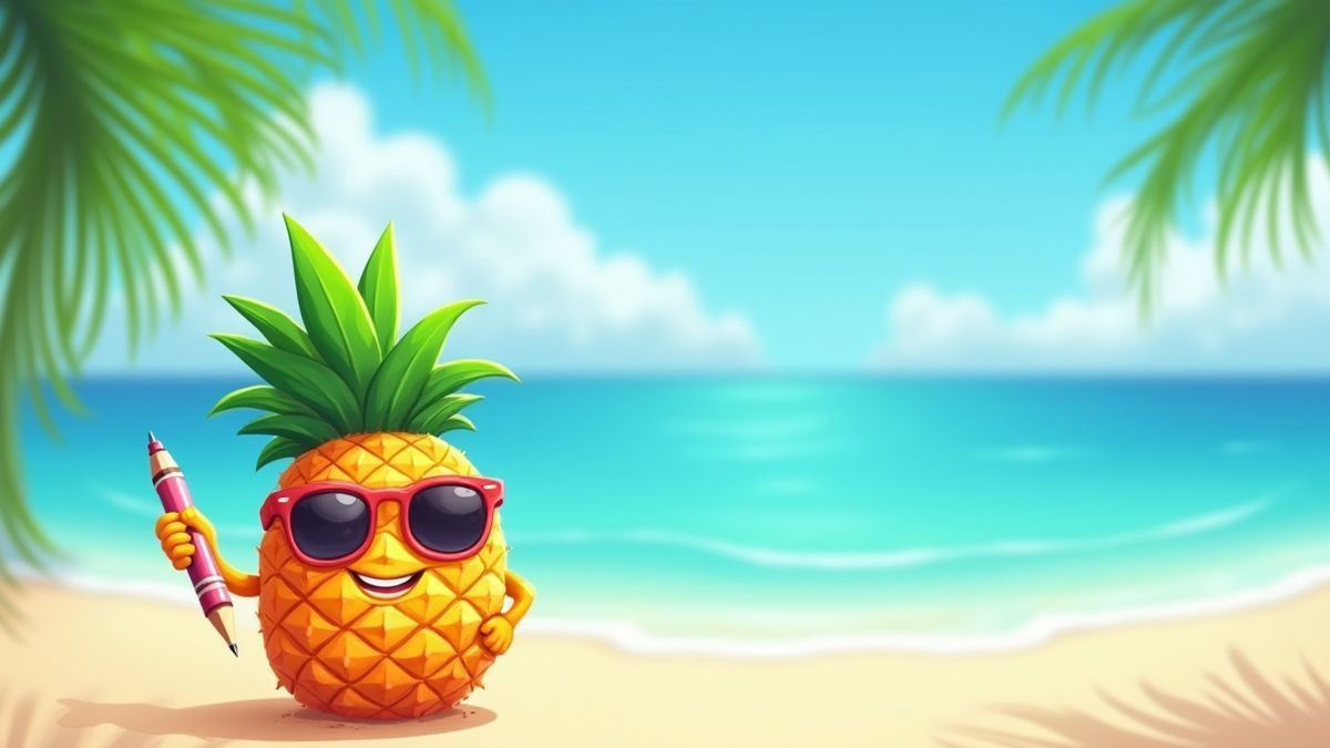 Geanimeerde ananas met zonnebril en een pen op een tropisch strand.