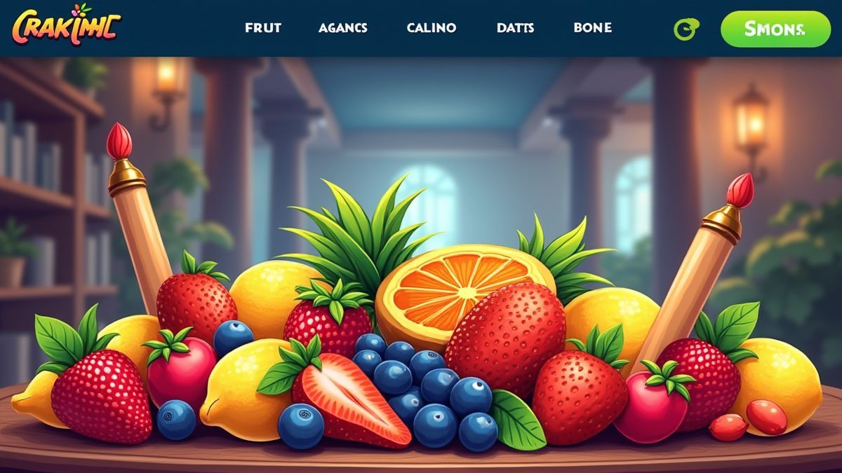 Cartoonachtige casino-interface met kleurrijke fruit en pennen.