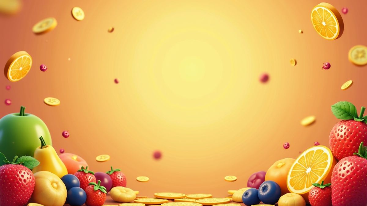 Früchte und Münzen in einer Retro-Videospielumgebung.