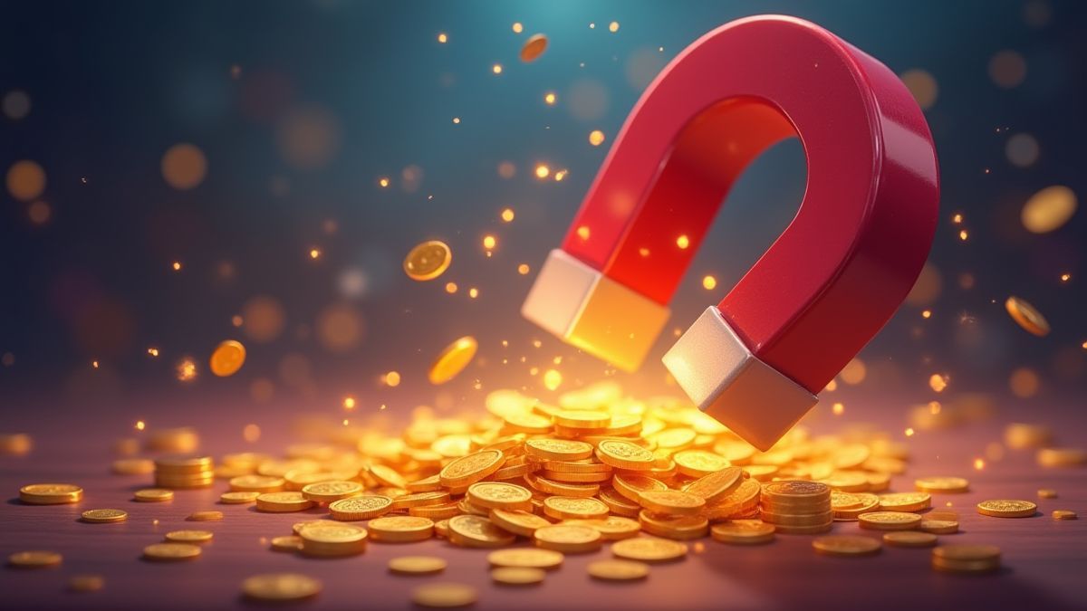Ein Magnet zieht goldene Münzen in einer magischen Umgebung an.