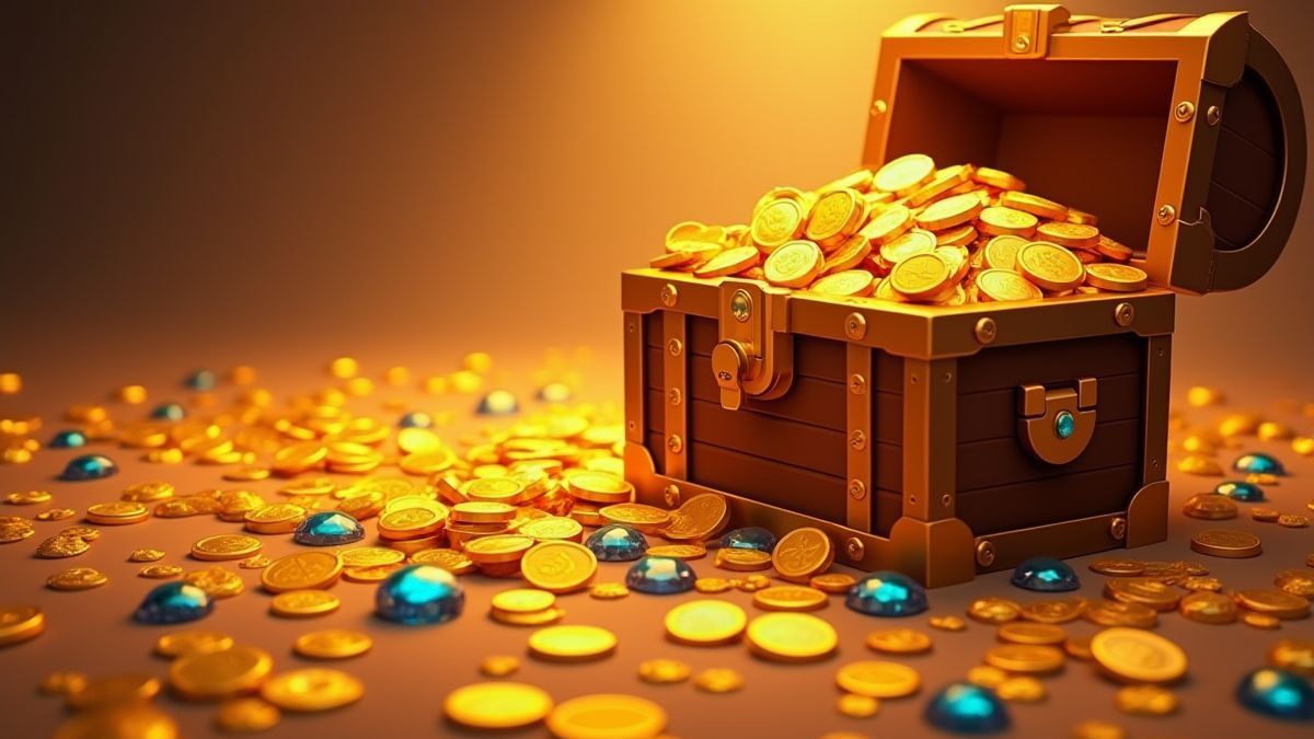 Monedas de oro y cofres llenos de tesoros