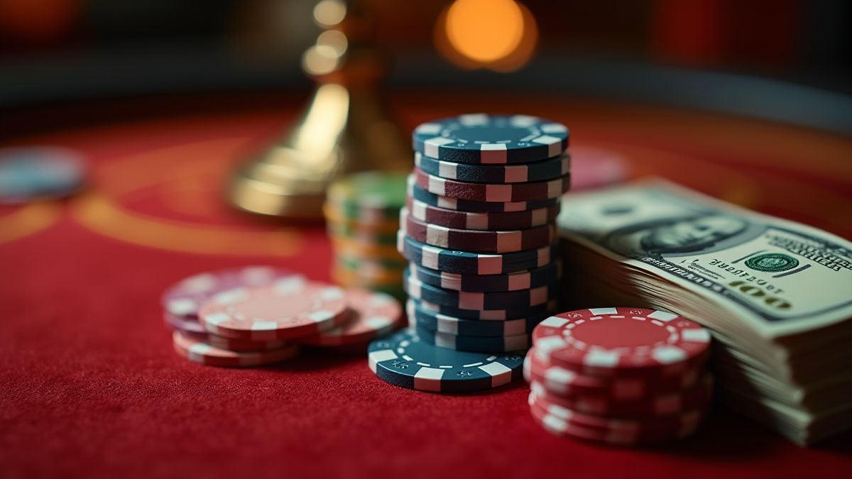 Casino-Chips und Geldscheine auf einem luxuriösen Tisch.