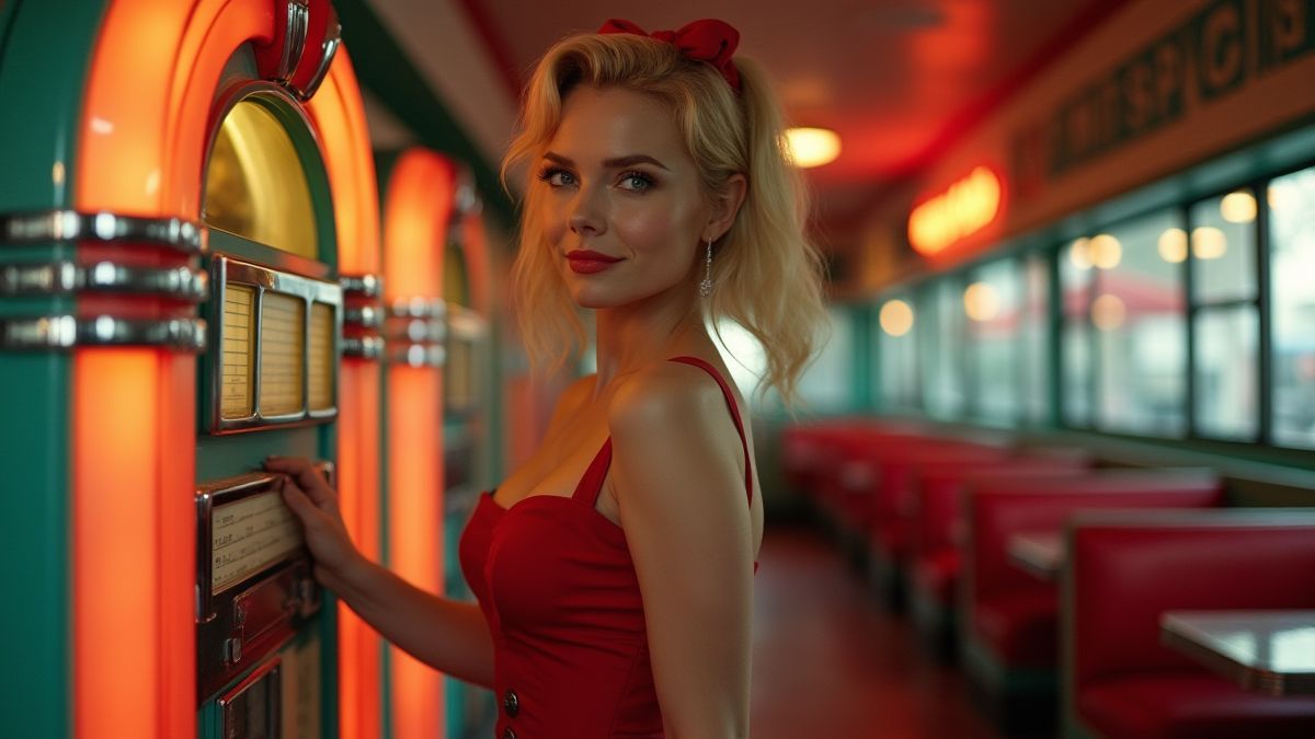 Pin-Up-Mädchen neben einer Musikbox in einem Retro-Diner.