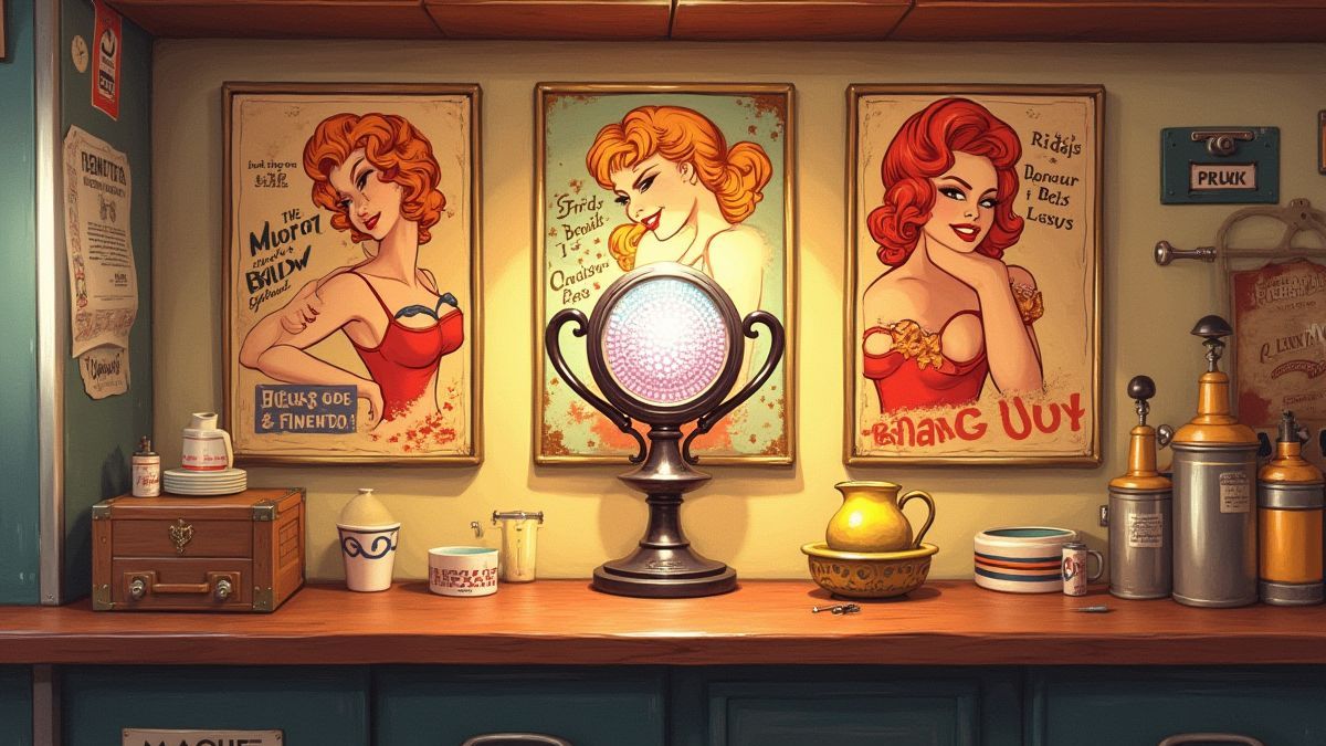 Poster von Pin-Up-Mädchen an einer Vintage-Wand mit einem glänzenden Preis in der Mitte.