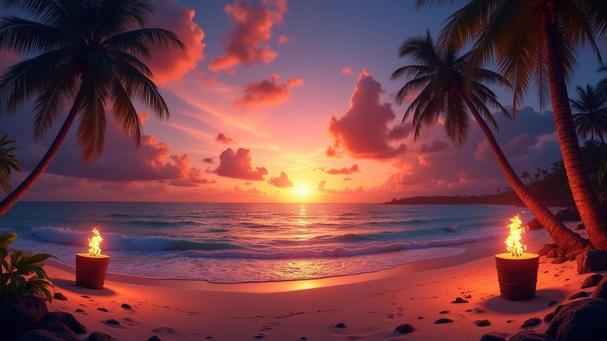 Tropische Strand-Szene mit Palmen und warmen Lichtern bei Sonnenuntergang.
