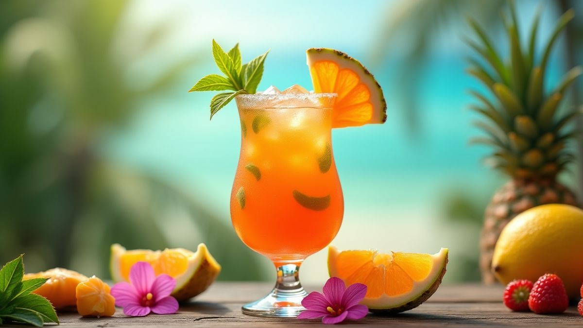 Cóctel tropical con colores vivos y decoraciones.