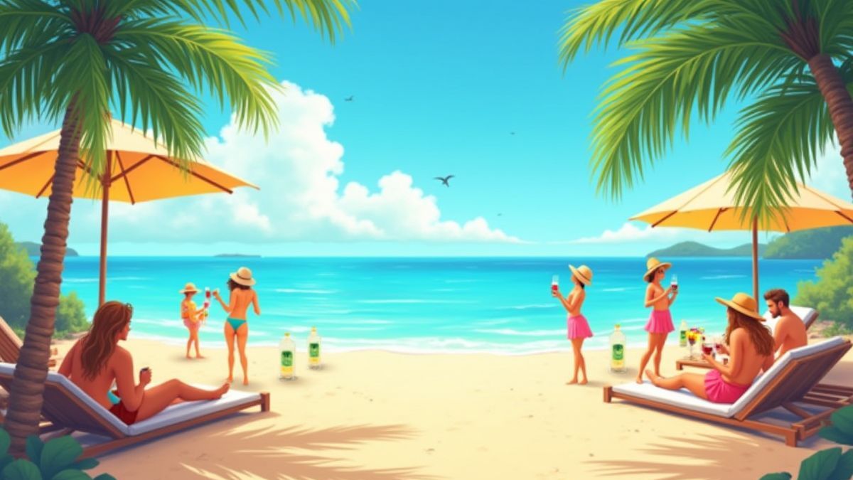 Fiesta en la playa con cócteles y palmeras.