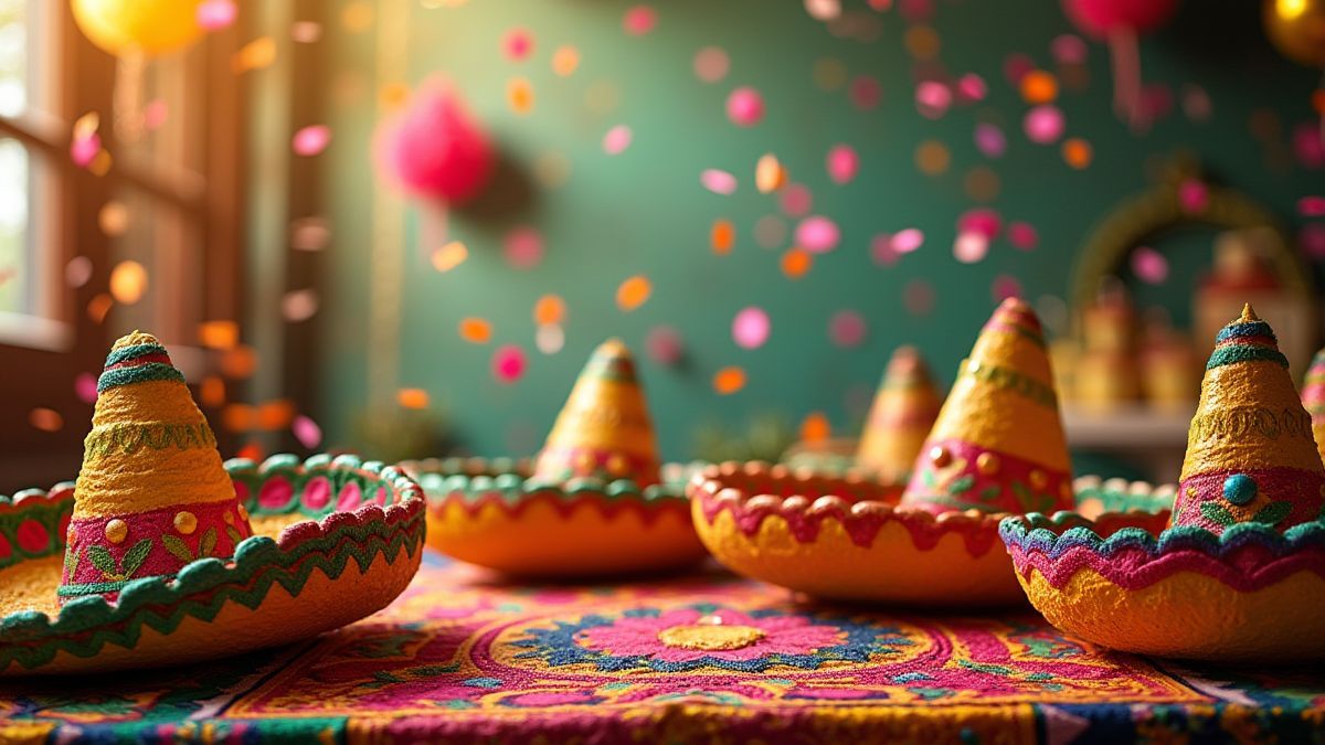 Fiesta mexicana con piñatas y decoración colorida.
