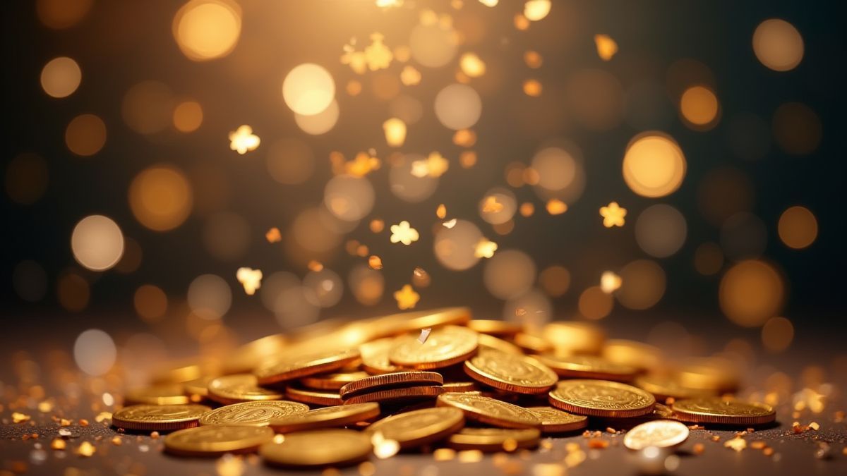 Celebración festiva con monedas y confeti cayendo.