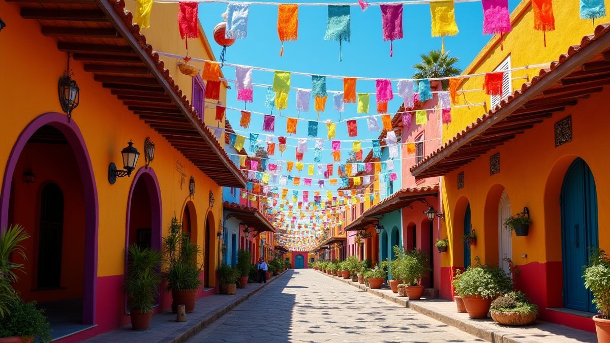Uma rua mexicana decorada para uma festa com piñatas e bandeirinhas.