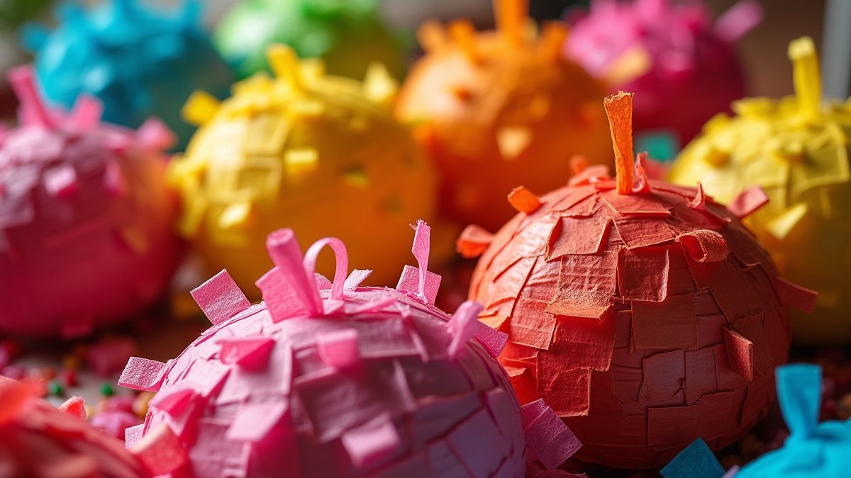 Primeiro plano de piñatas cheias de doces prontas para serem abertas.