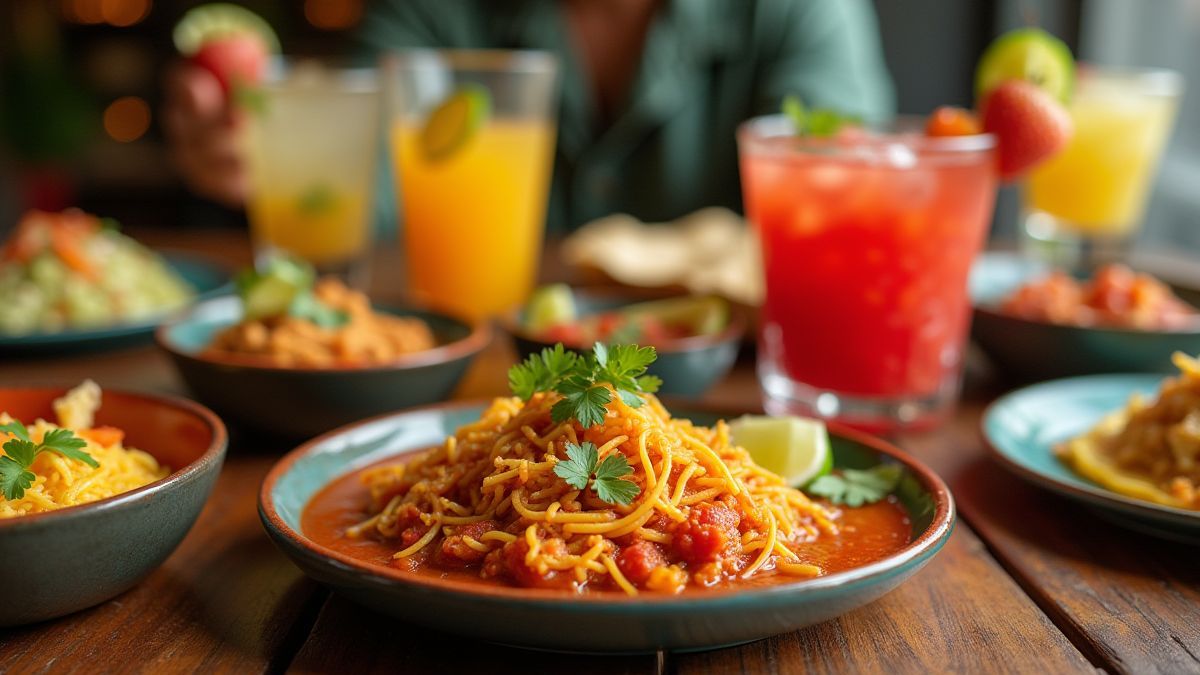 Mesa festiva com comida e bebidas mexicanas, ideal para uma celebração.