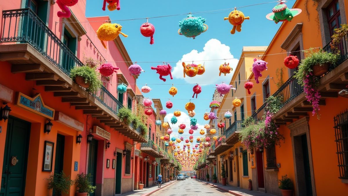 Decoraciones mexicanas y piñatas en las calles.