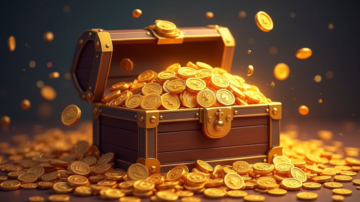 Cofre del tesoro lleno de monedas de oro.