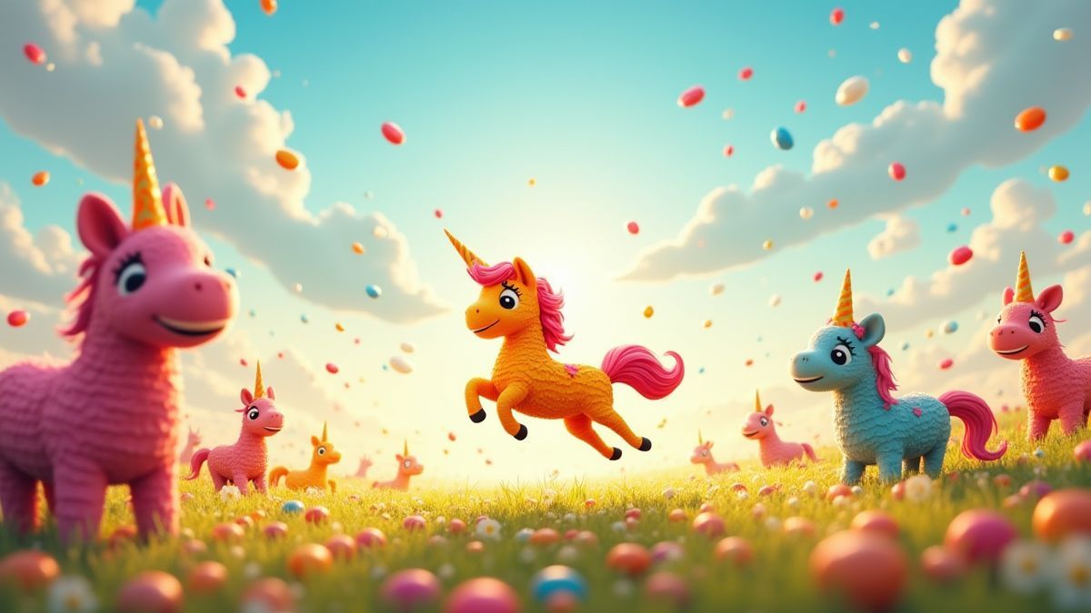 Cena colorida com piñatas cheias de doces e um pônei saltando alegremente.