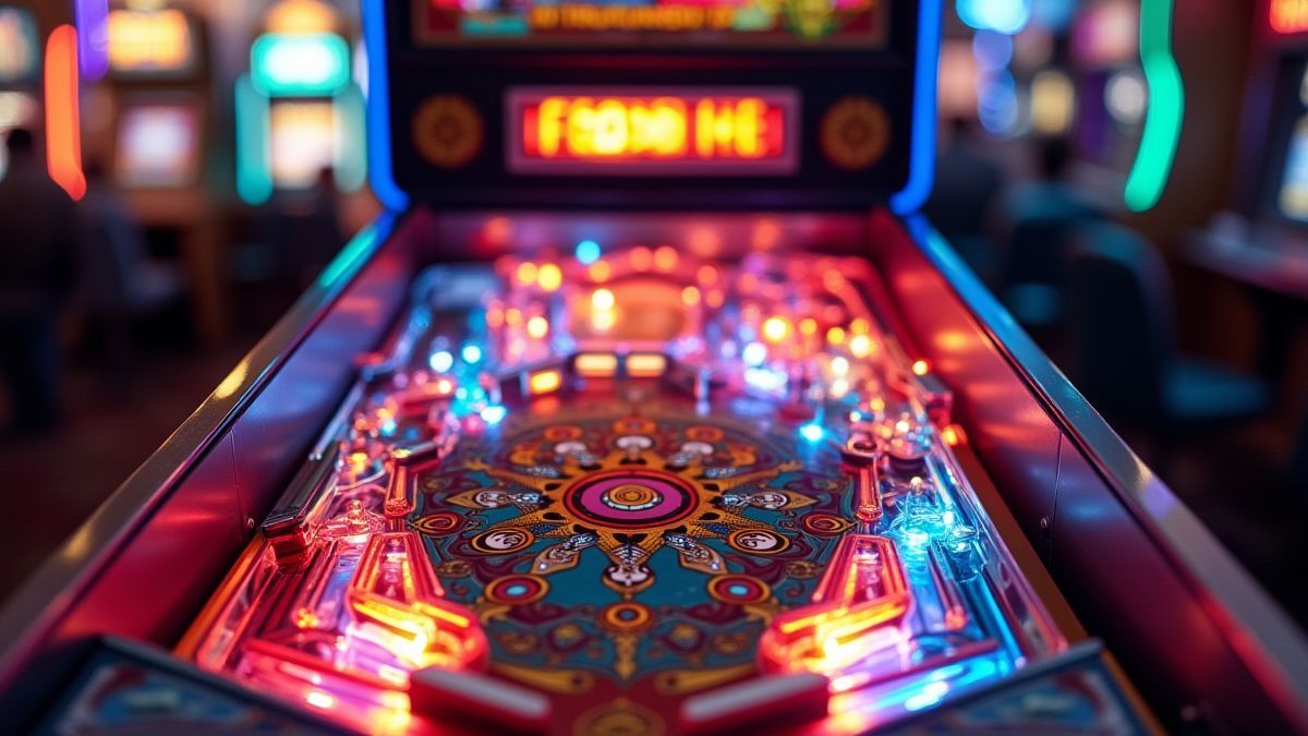 Máquina de pinball estilo arcade con luces de casino parpadeantes.
